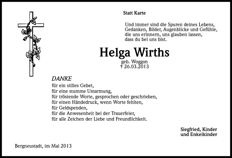  Traueranzeige für Helga Wirths vom 15.05.2013 aus Kölner Stadt-Anzeiger / Kölnische Rundschau / Express