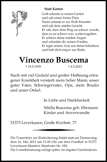 Anzeige von Vincenzo Buscema von Kölner Stadt-Anzeiger / Kölnische Rundschau / Express