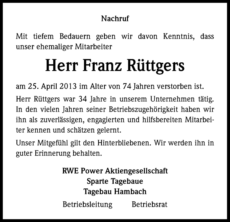  Traueranzeige für Franz Rüttgers vom 24.05.2013 aus Kölner Stadt-Anzeiger / Kölnische Rundschau / Express