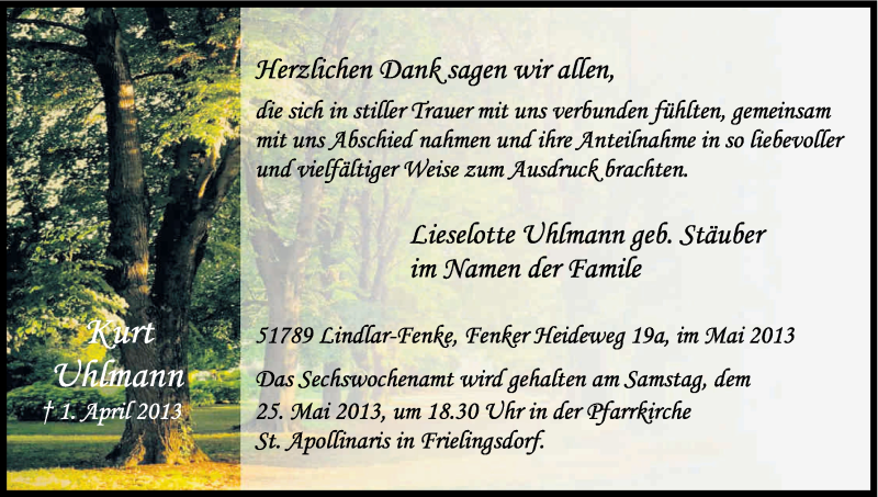  Traueranzeige für Kurt Uhlmann vom 11.05.2013 aus Kölner Stadt-Anzeiger / Kölnische Rundschau / Express