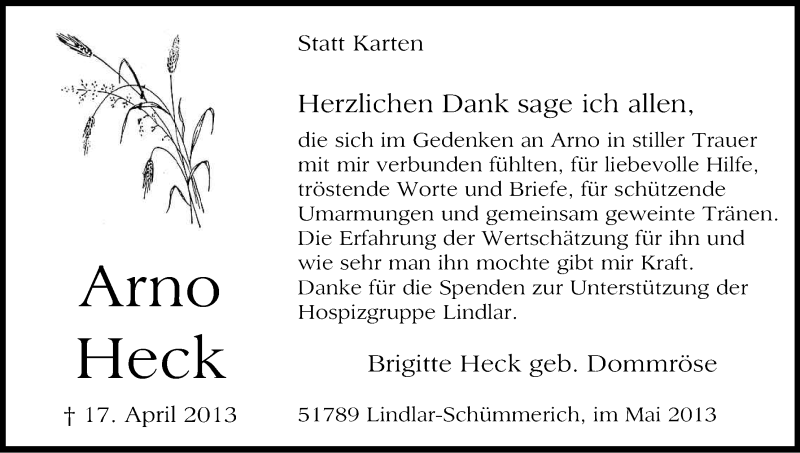  Traueranzeige für Arno Heck vom 11.05.2013 aus Kölner Stadt-Anzeiger / Kölnische Rundschau / Express