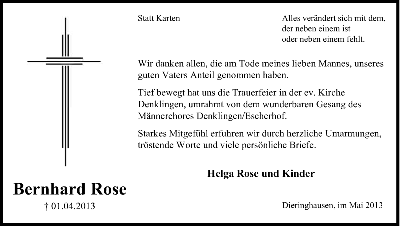  Traueranzeige für Bernhard Rose vom 11.05.2013 aus Kölner Stadt-Anzeiger / Kölnische Rundschau / Express