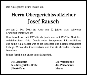 Anzeige von Josef Rausch von Kölner Stadt-Anzeiger / Kölnische Rundschau / Express