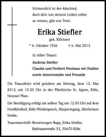 Anzeige von Erika Stiefler von Kölner Stadt-Anzeiger / Kölnische Rundschau / Express