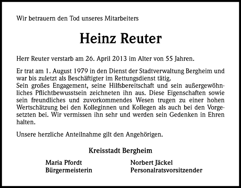  Traueranzeige für Heinz Reuter vom 11.05.2013 aus Kölner Stadt-Anzeiger / Kölnische Rundschau / Express