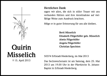 Anzeige von Quirin Misselich von Kölner Stadt-Anzeiger / Kölnische Rundschau / Express