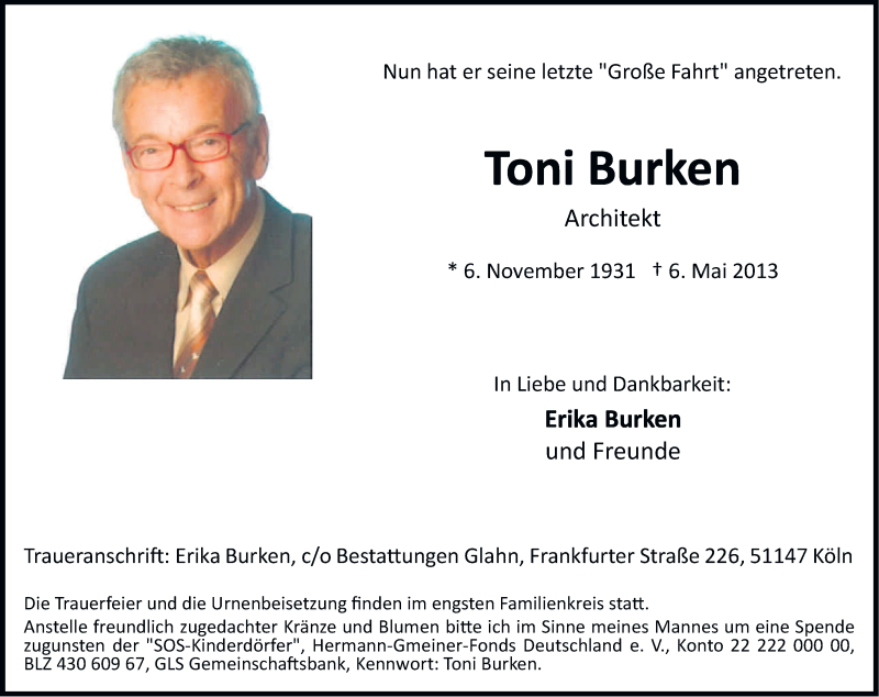  Traueranzeige für Toni Burken vom 11.05.2013 aus Kölner Stadt-Anzeiger / Kölnische Rundschau / Express