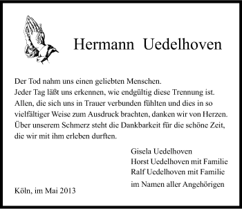 Anzeige von Hermann Uedelhoven von Kölner Stadt-Anzeiger / Kölnische Rundschau / Express