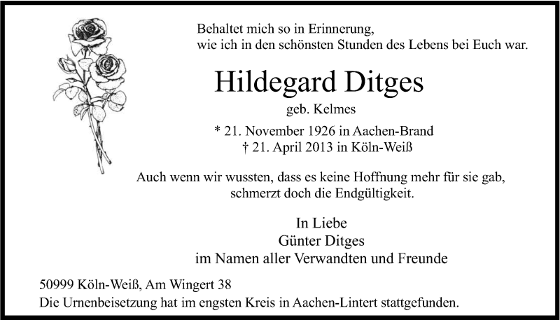  Traueranzeige für Hildegard Ditges vom 11.05.2013 aus Kölner Stadt-Anzeiger / Kölnische Rundschau / Express