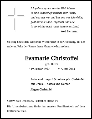 Anzeige von Evamarie Christoffel von Kölner Stadt-Anzeiger / Kölnische Rundschau / Express