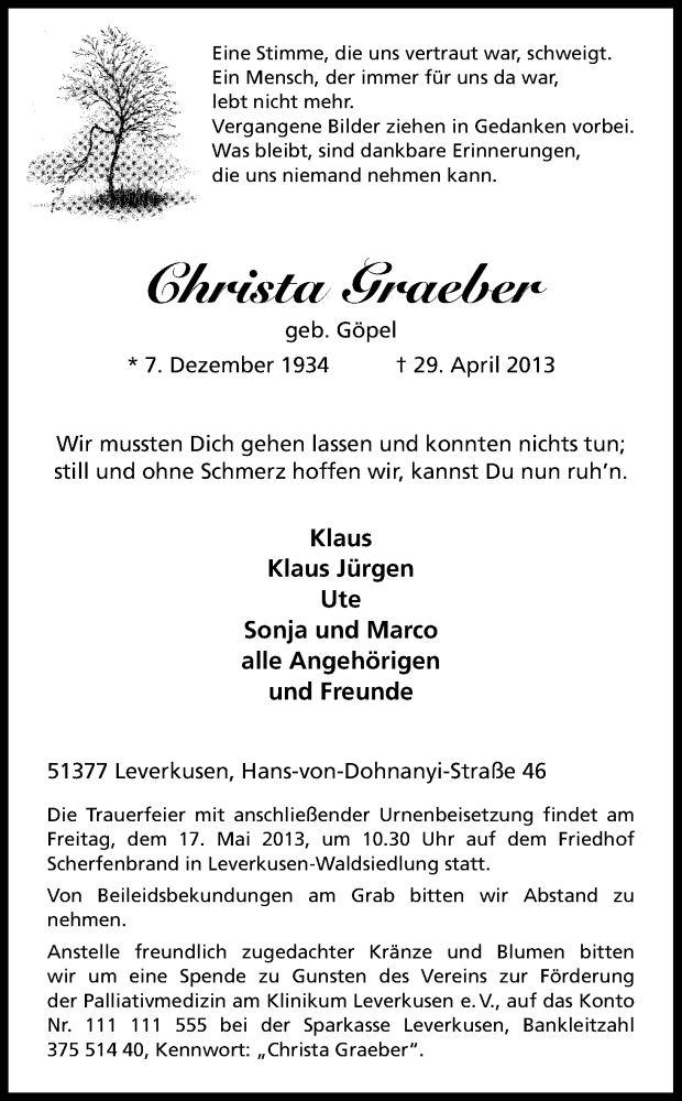 Traueranzeige für Christa Graeber vom 11.05.2013 aus Kölner Stadt-Anzeiger / Kölnische Rundschau / Express