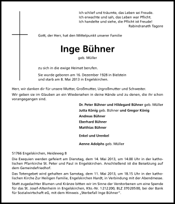 Anzeige von Inge Bühner von Kölner Stadt-Anzeiger / Kölnische Rundschau / Express