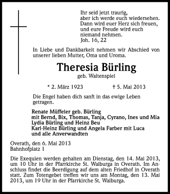 Anzeige von Theresia Bürling von Kölner Stadt-Anzeiger / Kölnische Rundschau / Express
