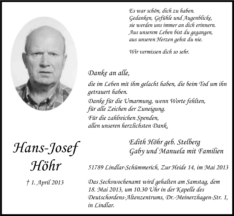  Traueranzeige für Hans-Josef Höhr vom 11.05.2013 aus Kölner Stadt-Anzeiger / Kölnische Rundschau / Express