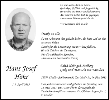 Anzeige von Hans-Josef Höhr von Kölner Stadt-Anzeiger / Kölnische Rundschau / Express