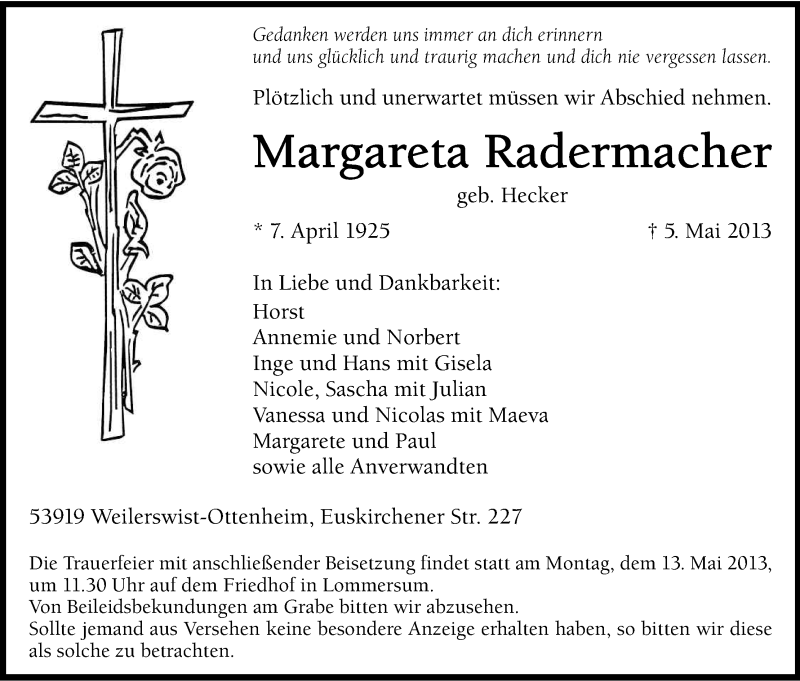  Traueranzeige für Margareta Radermacher vom 11.05.2013 aus Kölner Stadt-Anzeiger / Kölnische Rundschau / Express