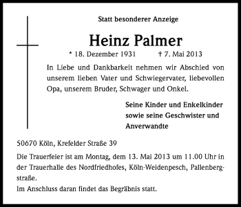 Anzeige von Heinz Palmer von Kölner Stadt-Anzeiger / Kölnische Rundschau / Express