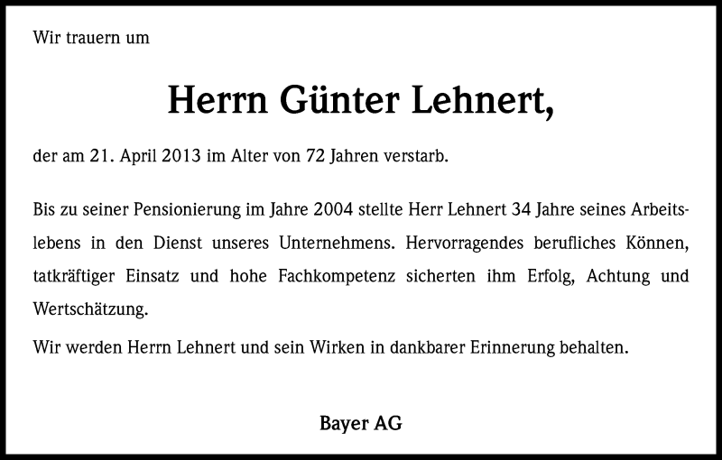  Traueranzeige für Günter Lehnert vom 09.05.2013 aus Kölner Stadt-Anzeiger / Kölnische Rundschau / Express