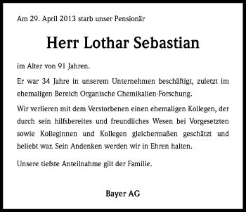 Anzeige von Lothar Sebastian von Kölner Stadt-Anzeiger / Kölnische Rundschau / Express