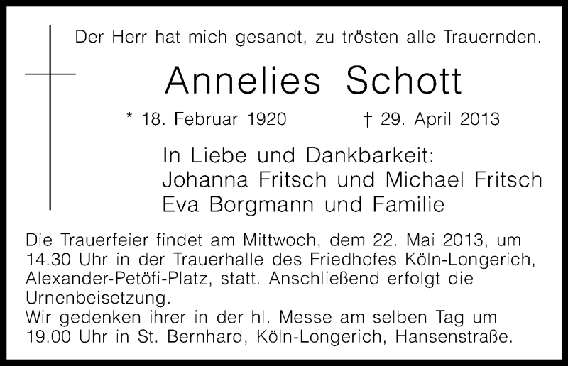 Traueranzeige für Annelies Schott vom 11.05.2013 aus Kölner Stadt-Anzeiger / Kölnische Rundschau / Express