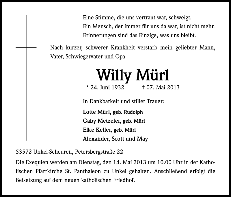  Traueranzeige für Willy Mürl vom 11.05.2013 aus Kölner Stadt-Anzeiger / Kölnische Rundschau / Express