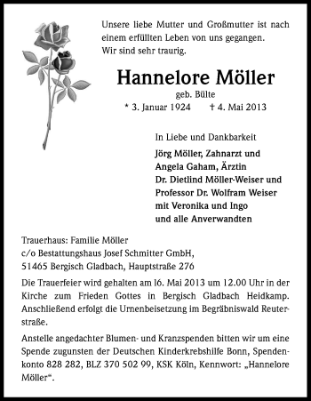 Anzeige von Hannelore Möller von Kölner Stadt-Anzeiger / Kölnische Rundschau / Express