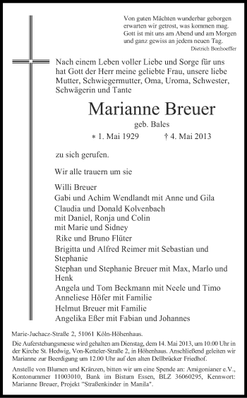 Anzeige von Marianne Breuer von Kölner Stadt-Anzeiger / Kölnische Rundschau / Express