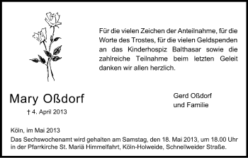 Anzeige von Mary Oßdorf von Kölner Stadt-Anzeiger / Kölnische Rundschau / Express