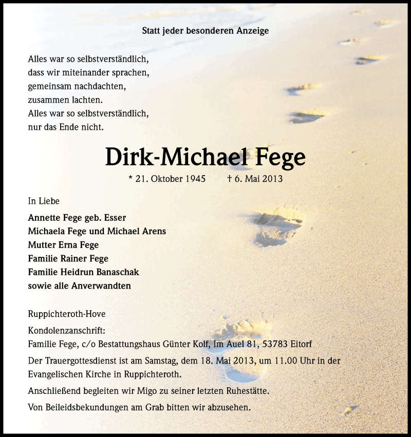  Traueranzeige für Dirk-Michael Fege vom 11.05.2013 aus Kölner Stadt-Anzeiger / Kölnische Rundschau / Express
