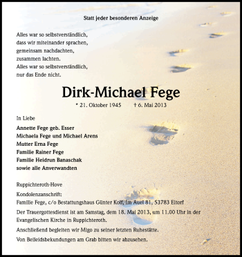 Anzeige von Dirk-Michael Fege von Kölner Stadt-Anzeiger / Kölnische Rundschau / Express