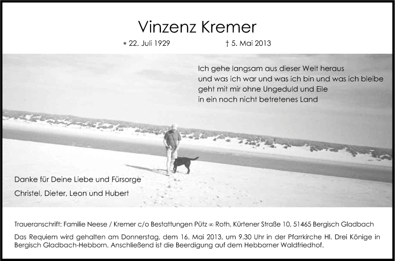 Traueranzeige für Vinzenz Kremer vom 11.05.2013 aus Kölner Stadt-Anzeiger / Kölnische Rundschau / Express