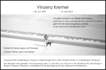 Anzeige von Vinzenz Kremer von Kölner Stadt-Anzeiger / Kölnische Rundschau / Express