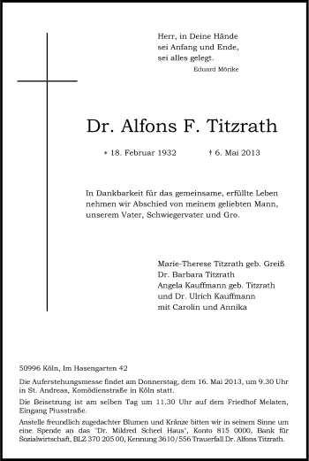 Anzeige von Alfons Titzrath von Kölner Stadt-Anzeiger / Kölnische Rundschau / Express