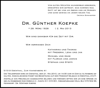 Anzeige von Günther Koepke von Kölner Stadt-Anzeiger / Kölnische Rundschau / Express