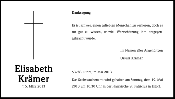 Anzeige von Elisabeth Krämer von Kölner Stadt-Anzeiger / Kölnische Rundschau / Express