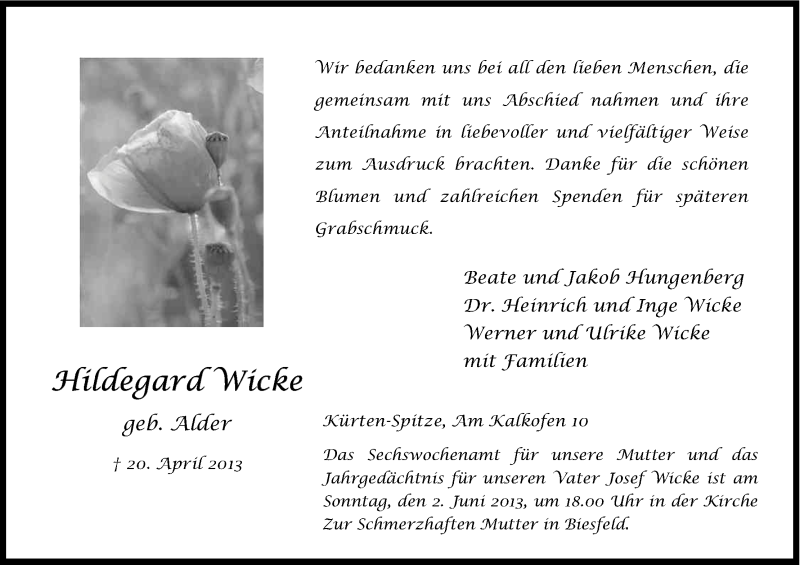  Traueranzeige für Hildegard Wicke vom 25.05.2013 aus Kölner Stadt-Anzeiger / Kölnische Rundschau / Express