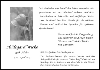 Anzeige von Hildegard Wicke von Kölner Stadt-Anzeiger / Kölnische Rundschau / Express