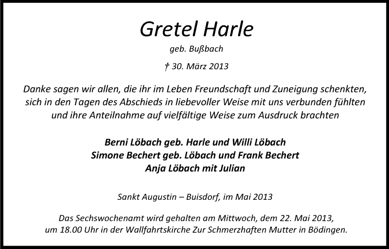  Traueranzeige für Gretel Harle vom 11.05.2013 aus Kölner Stadt-Anzeiger / Kölnische Rundschau / Express