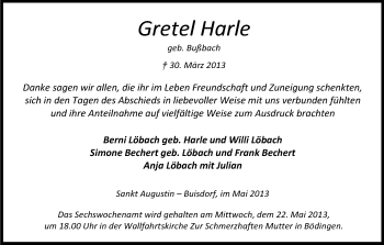 Anzeige von Gretel Harle von Kölner Stadt-Anzeiger / Kölnische Rundschau / Express