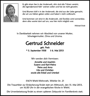 Anzeige von Gertrud Schneider von Kölner Stadt-Anzeiger / Kölnische Rundschau / Express