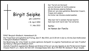 Anzeige von Birgit Seipke von Kölner Stadt-Anzeiger / Kölnische Rundschau / Express