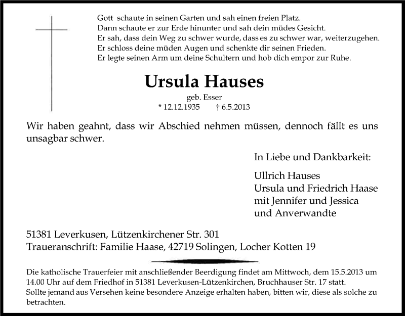  Traueranzeige für Ursula Hauses vom 11.05.2013 aus Kölner Stadt-Anzeiger / Kölnische Rundschau / Express