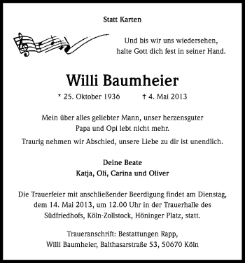 Anzeige von Wilhelm Baumheier von Kölner Stadt-Anzeiger / Kölnische Rundschau / Express