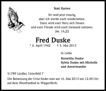 Anzeige von Fred Duske von Kölner Stadt-Anzeiger / Kölnische Rundschau / Express