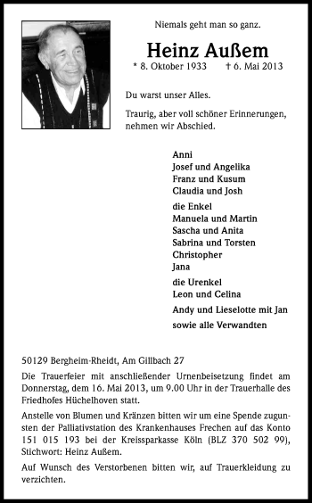 Anzeige von Heinz Außem von Kölner Stadt-Anzeiger / Kölnische Rundschau / Express