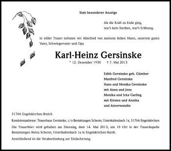 Anzeige von Karl-Heinz Gersinske von Kölner Stadt-Anzeiger / Kölnische Rundschau / Express