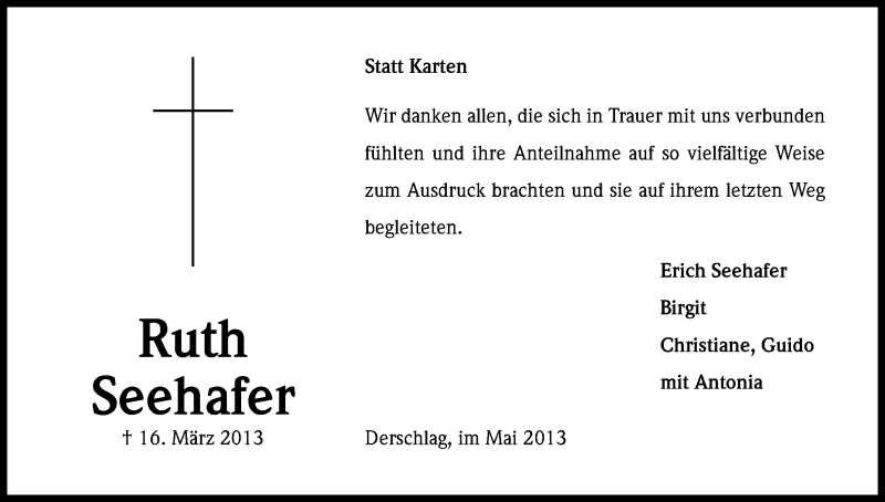  Traueranzeige für Ruth Seehafer vom 11.05.2013 aus Kölner Stadt-Anzeiger / Kölnische Rundschau / Express