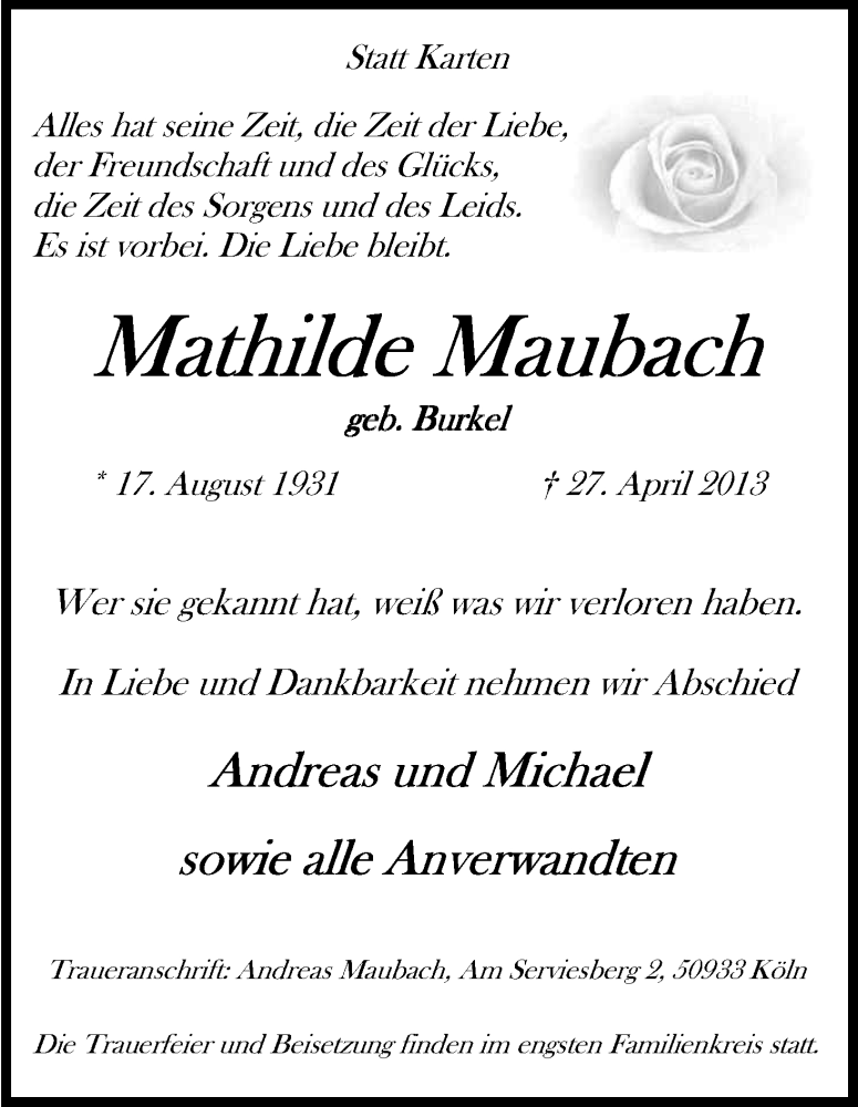  Traueranzeige für Mathilde Maubach vom 11.05.2013 aus Kölner Stadt-Anzeiger / Kölnische Rundschau / Express