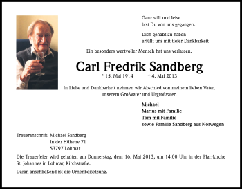 Anzeige von Carl Fredrik Sandberg von Kölner Stadt-Anzeiger / Kölnische Rundschau / Express