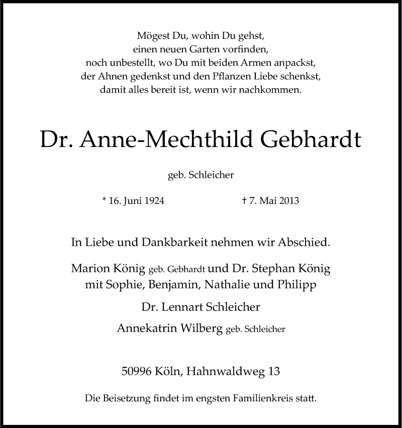  Traueranzeige für Anne-Mechthild Gebhardt vom 11.05.2013 aus Kölner Stadt-Anzeiger / Kölnische Rundschau / Express